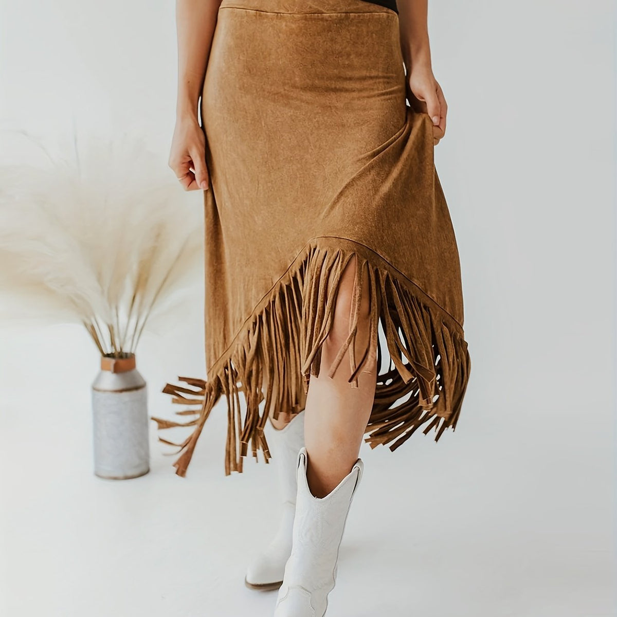 Tassel High Waist Skirts, Vintage Solid Midi Skirts For Spring & Fall, Women's Clothing