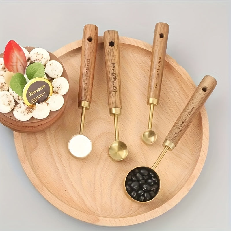 8pcs Set Stainless Steel Measuring Cups And Spoons With Acacia Wood Handles, Durable Kitchen Baking Tools, Includes Spice Spoon & Coffee Scoop, Nesting Design For Easy Storage