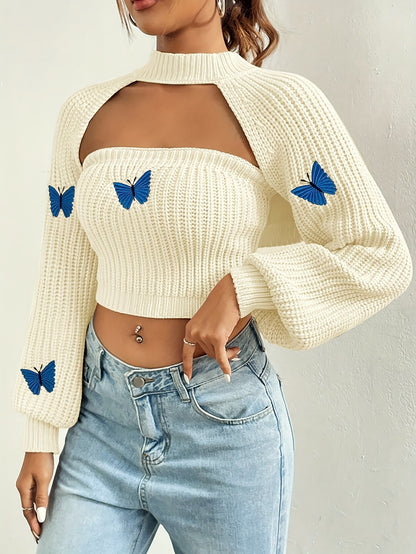 vlovelaw Casual Butterfly Pattern Two-piece Set, Crop Lantern Sleeve Sweater & Strapless Tube Knitted Top, Women's Clothing