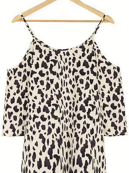 Leopard Print Cami Dress, Sexy Drawstring V Neck Ruffle Trim Dress, Women's Clothing