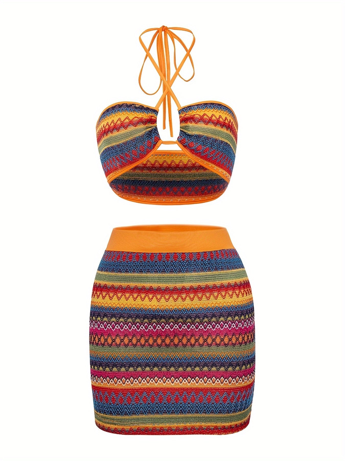 vlovelaw  Vacation Tribal Knit Slim Skirt Set, Crop Keyhole Halter Neck Top & High Waist Bodycon Slim Skirt Outfits, Women's Clothing