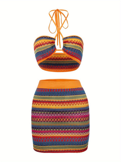 vlovelaw  Vacation Tribal Knit Slim Skirt Set, Crop Keyhole Halter Neck Top & High Waist Bodycon Slim Skirt Outfits, Women's Clothing