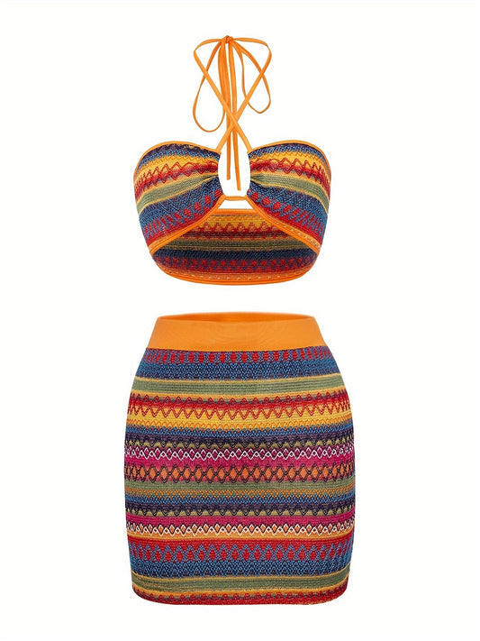 vlovelaw  Vacation Tribal Knit Slim Skirt Set, Crop Keyhole Halter Neck Top & High Waist Bodycon Slim Skirt Outfits, Women's Clothing