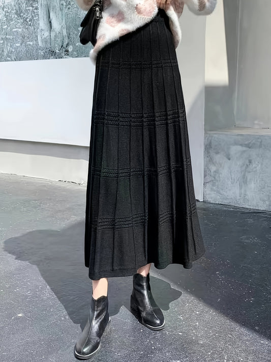 Solid Color Knit Tucked Skirt, Casual Ankle Length Skirt For Fall & Winter, Women's Clothing