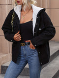 Black Fleece Liner Hooded Denim Coat, Long Sleeves Drawstring Keep Warm Denim Jacket, Women's Denim Clothing