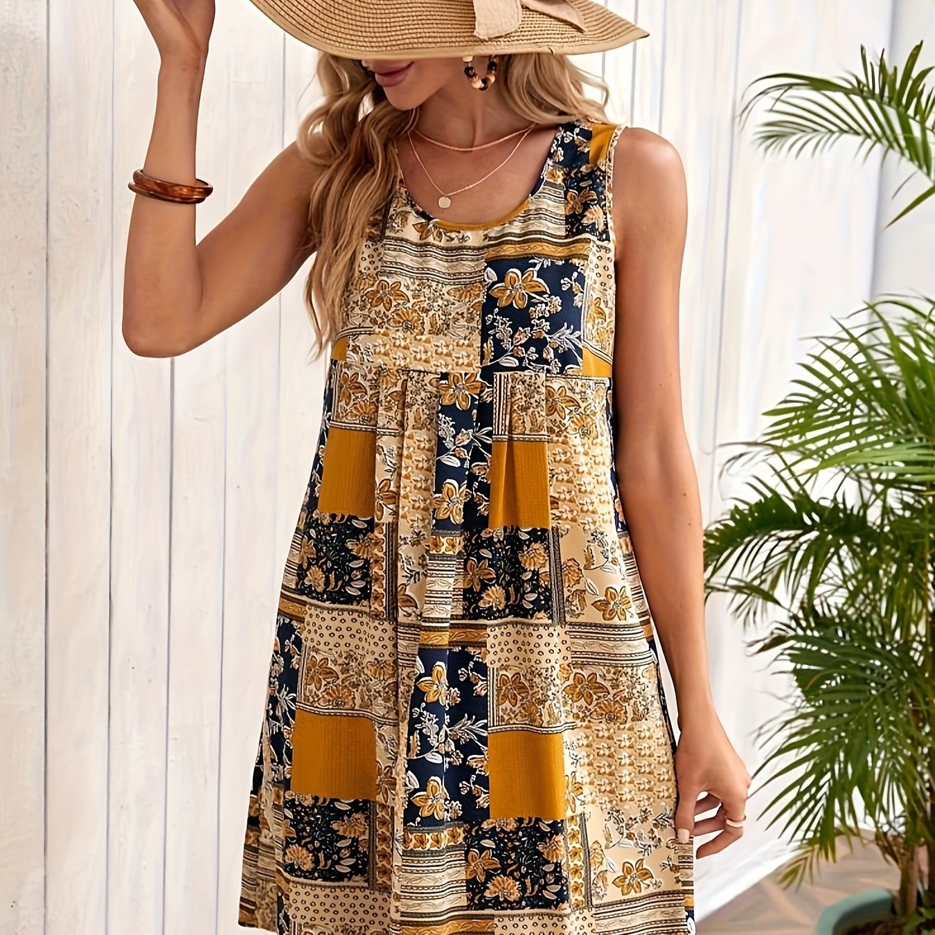 vlovelaw  Patchwork Print Crew Neck Dress, Vacation Style Sleeveless Dress For Spring & Summer, Women's Clothing