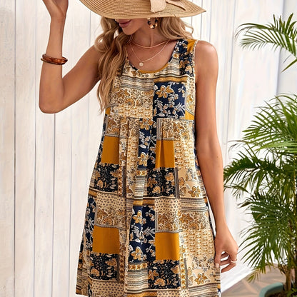 vlovelaw  Patchwork Print Crew Neck Dress, Vacation Style Sleeveless Dress For Spring & Summer, Women's Clothing