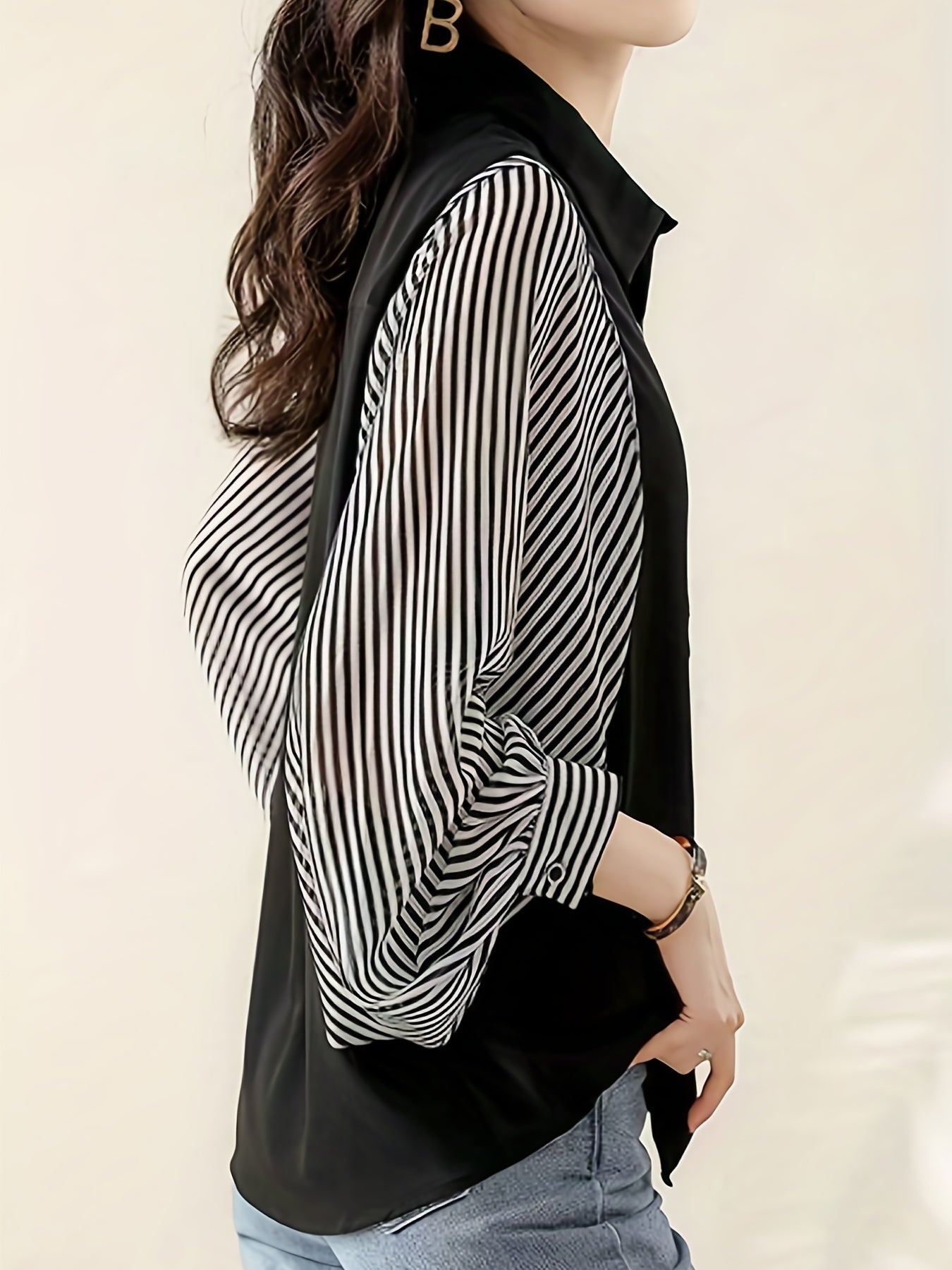 Striped Print Splicing Shirt, Casual Button Front Long Sleeve Shirt, Women's Clothing