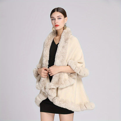 Mature Faux Fur Collar Shawl Solid Color Thickened Imitation Fox Fur Warm Large Cape Cardigan Women's Autumn Winter Outside Warm Coat Shawl
