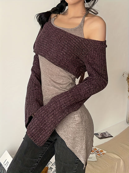 vlovelaw  Halter Neck Layered T-Shirt, Y2K Asymmetric Hem Long Sleeve Top, Women's Clothing