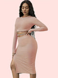 Solid Casual Two-piece Set, Tie Back Cropped Tops & Bag Hip Split Skirts Outfits, Women's Clothing