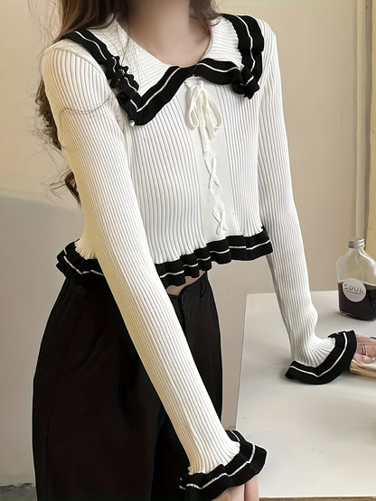 vlovelaw  Color Block Doll Collar Pullover Sweater, Long Sleeve Bow Front Crop Knitted Sweater For Spring & Fall, Women's Clothing