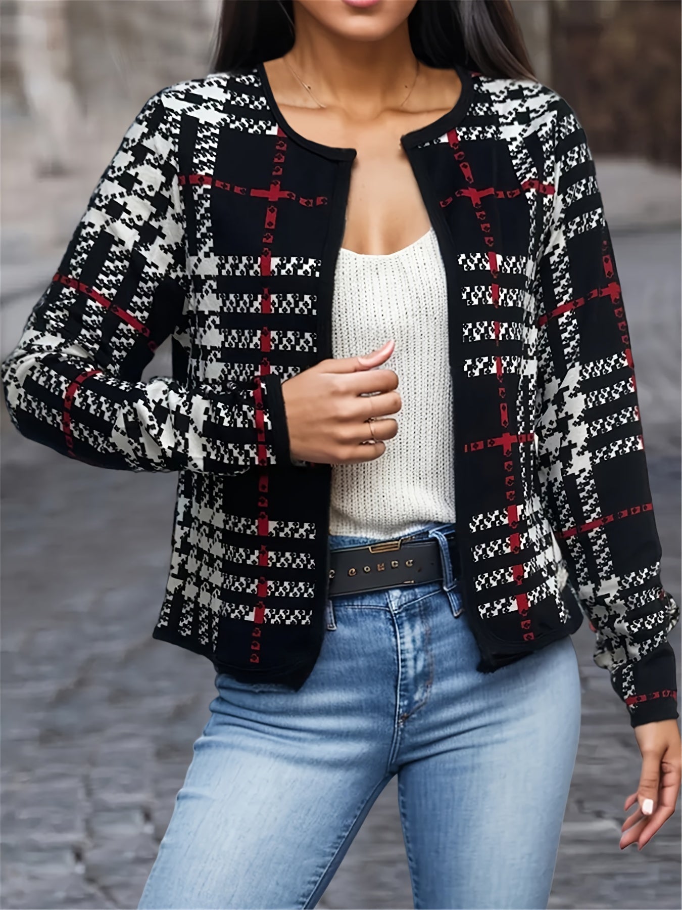 vlovelaw  Houndstooth Print Jacket, Casual Open Front Crew Neck Long Sleeve Outerwear, Women's Clothing