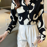 vlovelaw  Geo Print V-neck Loose Lapel Blouses, Casual Button Down Long Sleeve Fashion Shirts Tops, Women's Clothing