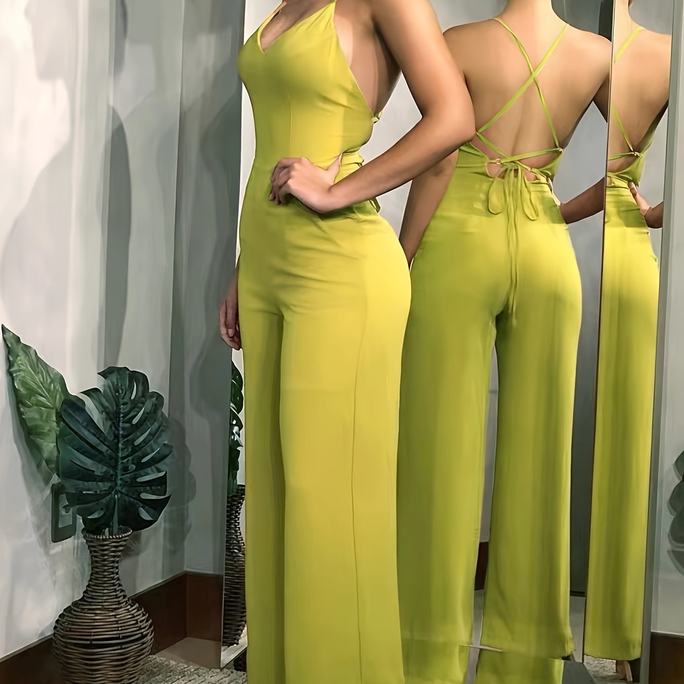 vlovelaw  Cross Tie Back V-neck Jumpsuit, Sexy Solid Backless Jumpsuit For Spring & Summer, Women's Clothing
