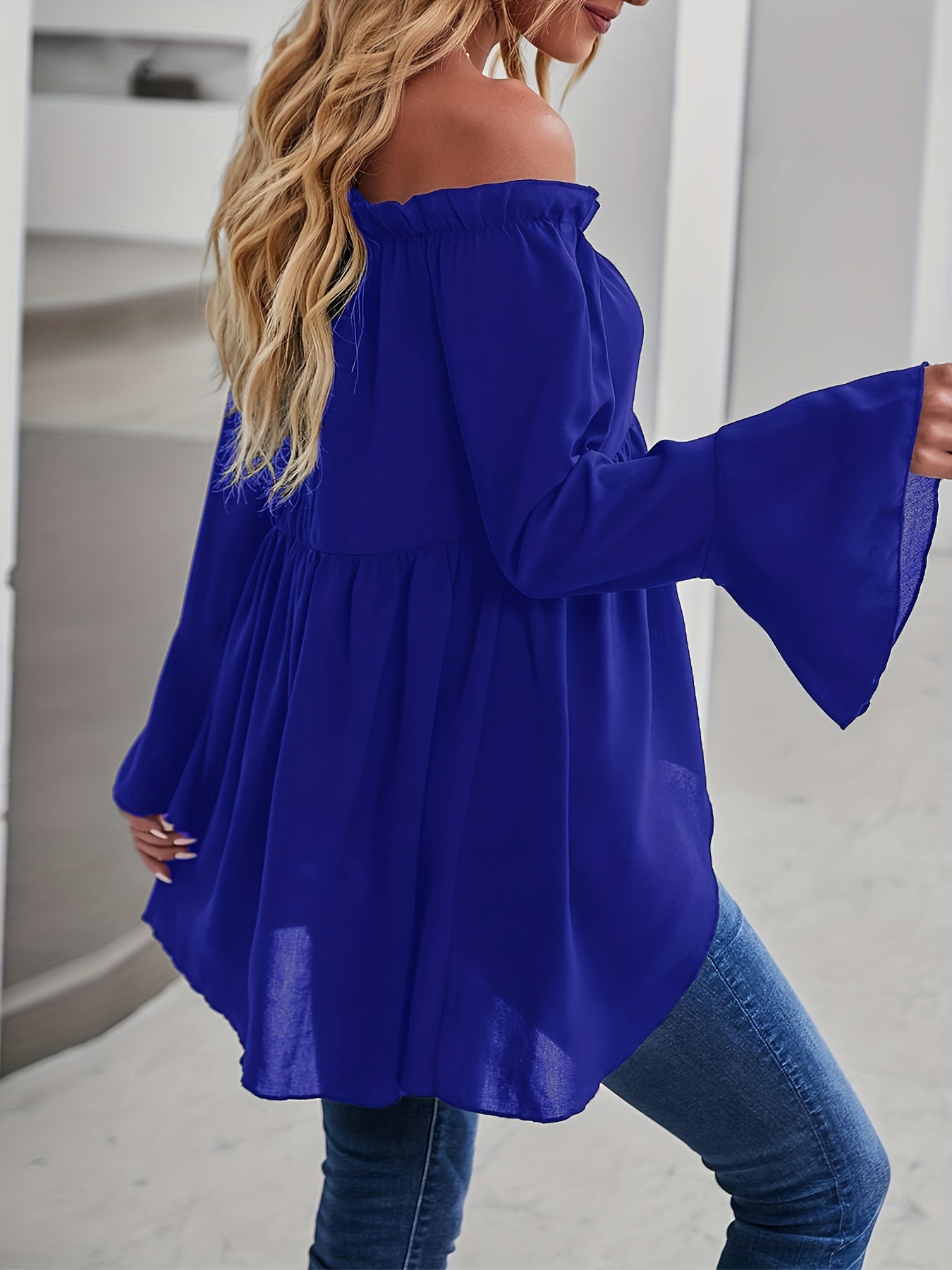 vlovelaw  Dipped Hem Ruffle Trim Blouse, Casual Off Shoulder Solid Long Sleeve Blouse, Women's Clothing