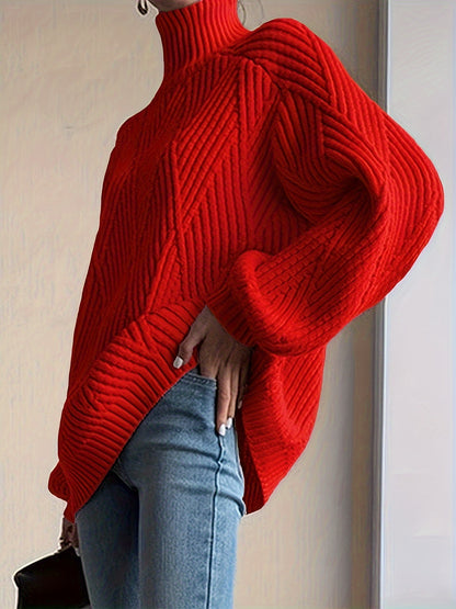 vlovelaw Solid High Neck Knit Sweater, Casual Long Sleeve Pullover Sweater For Fall & Winter, Women's Clothing