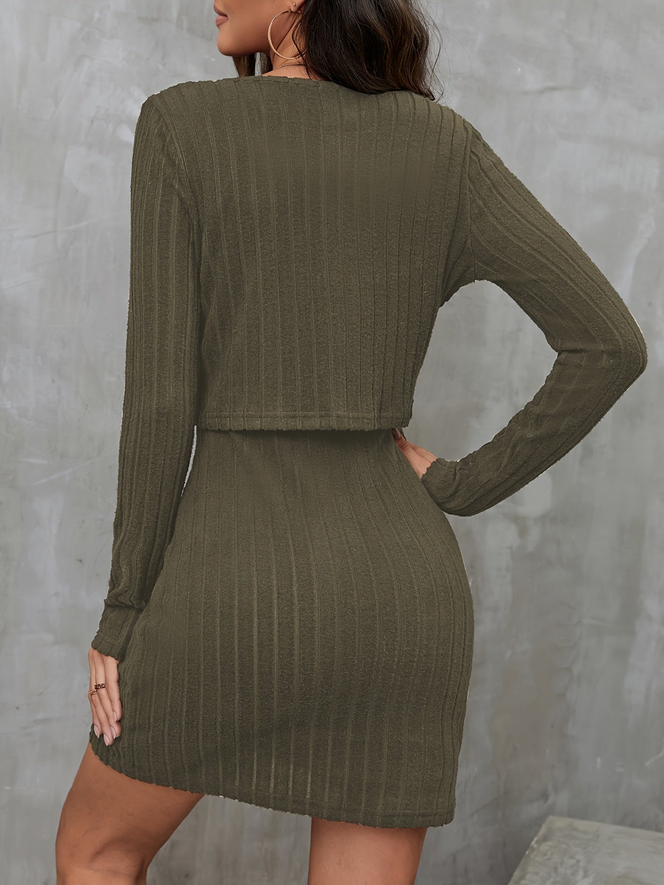 Ribbed Solid Two-piece Set, Button Front Long Sleeve Cardigan & Spaghetti Strap Bodycon Dress Outfits, Women's Clothing