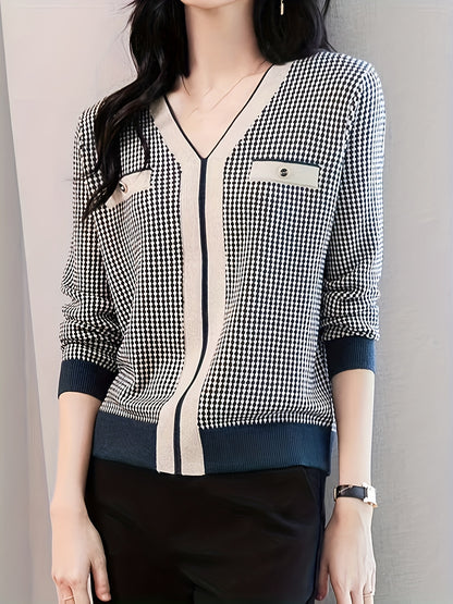 vlovelaw  Allover Pattern V Neck Sweater, Elegant Long Sleeve Sweater For Spring & Fall, Women's Clothing