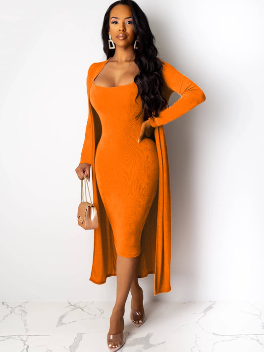 vlovelaw  Solid Casual Two-piece Set, Open Front Long Sleeve Cardigan & Spaghetti Strap Bodycon Dress Outfits, Women's Clothing