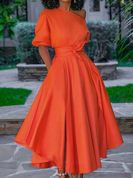 vlovelaw Plus Size Solid Cold Shoulder Belted Dress, Elegant Short Sleeve Irregular Hem Slit Dress, Women's Plus Size Clothing