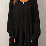vlovelaw  Solid Pocket Crew Neck T-Shirt, Casual Long Sleeve Top For Spring & Fall, Women's Clothing