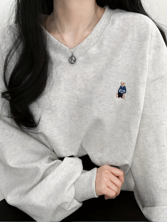 vlovelaw Bear Pattern Embroidered Sweatshirt, Casual Long Sleeve V Neck Sweatshirt For Fall & Winter, Women's Clothing