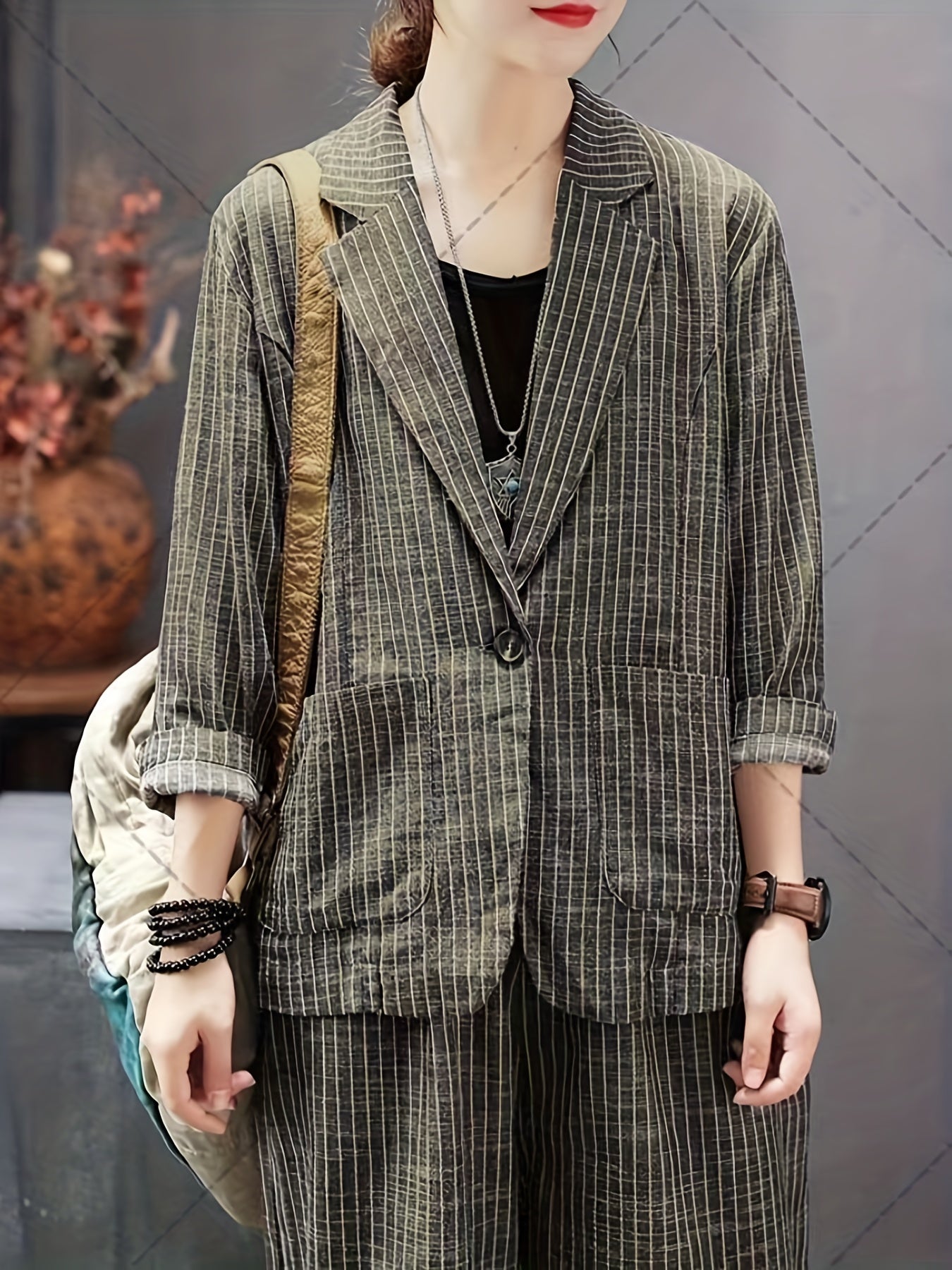 vlovelaw  Striped Print Casual Two-piece Set, Lapel One Button Long Sleeve Blazer & Long Length Wide Leg Pants Outfits, Women's Clothing