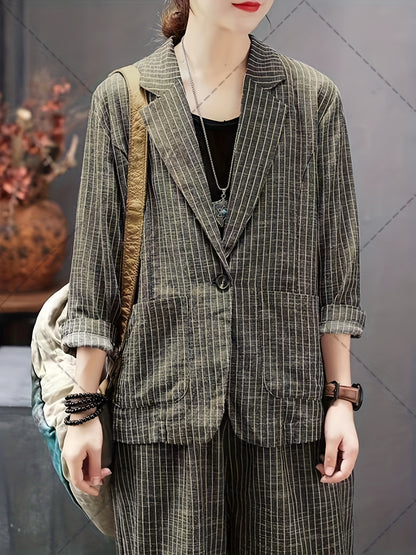 vlovelaw  Striped Print Casual Two-piece Set, Lapel One Button Long Sleeve Blazer & Long Length Wide Leg Pants Outfits, Women's Clothing