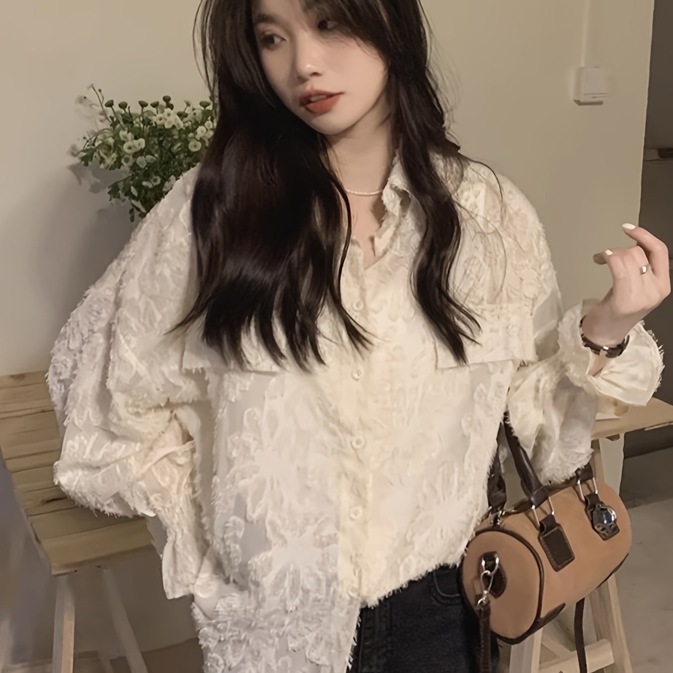 vlovelaw Floral Pattern Button Front Lace Blouse, Elegant Long Sleeve Loose Stylish Top, Women's Clothing