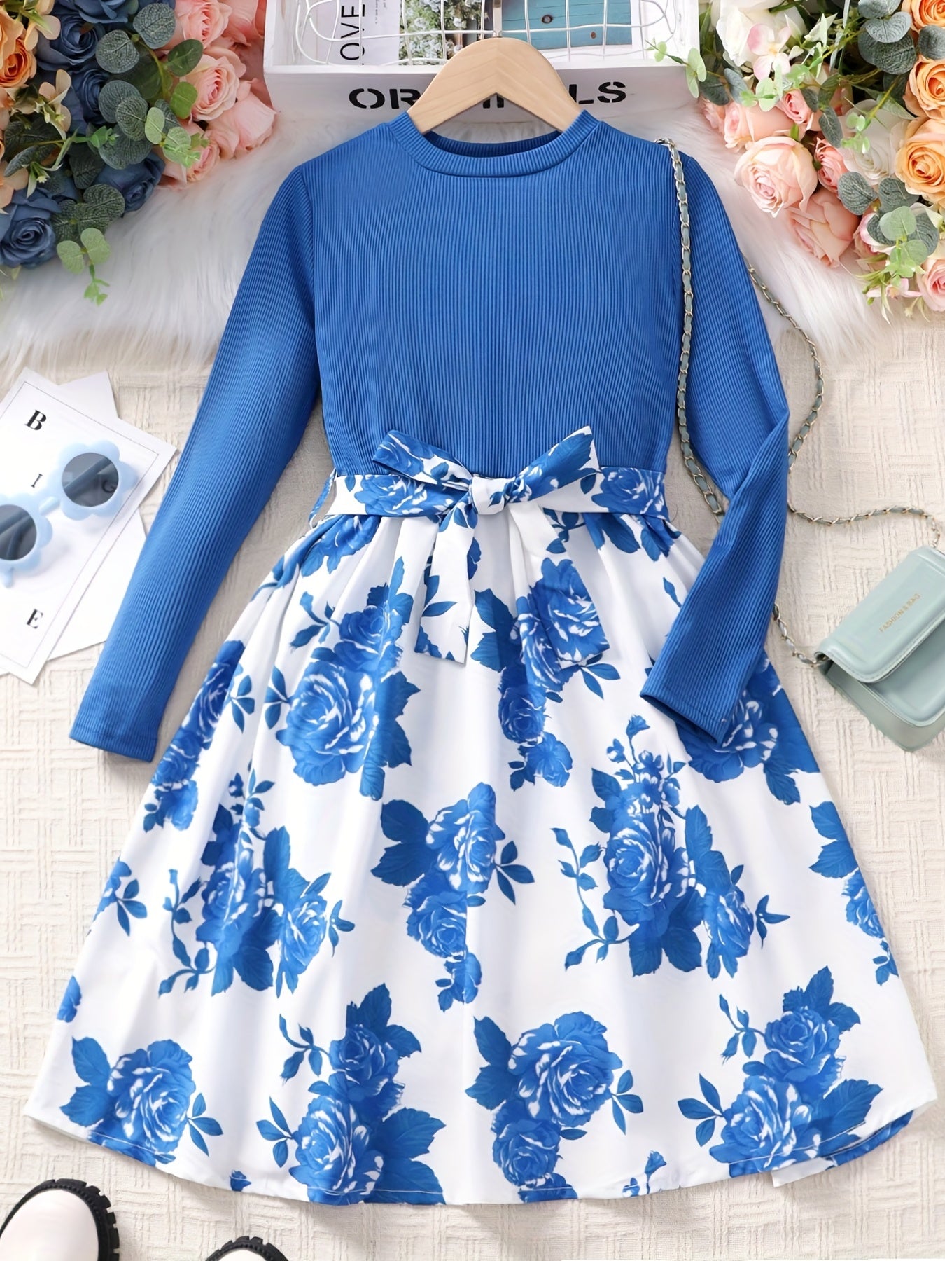 vlovelaw  Girls Long Sleeves Round Neck Flowers Splicing Belted Dress For Party Kids Spring Clothes