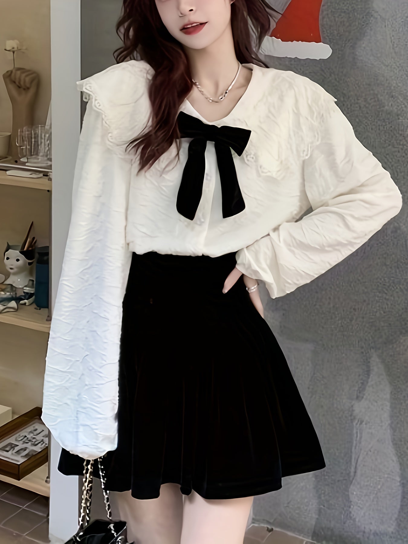 vlovelaw Bow Decor Sailor Collar Blouse, Sweet Long Sleeve Blouse For Spring & Fall, Women's Clothing