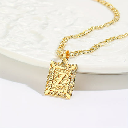 18K Gold Plated Square Monogram Pendant Necklace - Fashionable Personalized Alphabet Letter A-Z Figaro Chain Necklace for Men and Women - Copper Material, No Magnetic, No Mosaic, Plating-Free, Stylish Jewelry for Any Occasion