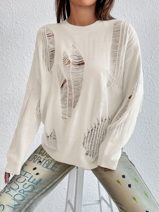 vlovelaw  Solid Ripped Pullover Sweater, Distress Long Sleeve Loose Knit Sweater, Women's Clothing