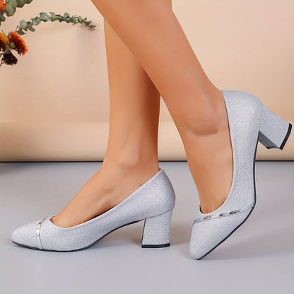 vlovelaw  Women's Solid Color Glitter Shoes, Shallow Mouth Slip On Dress Chunky Heels, Point Toe Dress Shoes