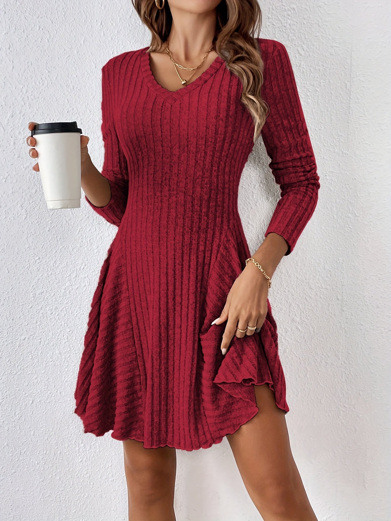vlovelaw  Solid Ribbed V Neck Dress, Casual Long Sleeve A-line Dress, Women's Clothing