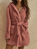 vlovelaw  Simple Solid Fuzzy Night Robe, Casual Long Sleeve Hooded Robe With Belt & Pockets, Women's Sleepwear