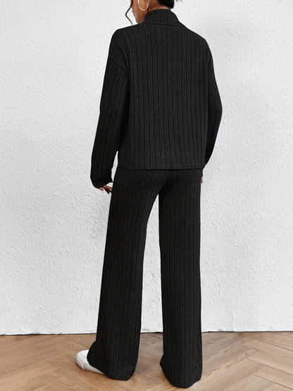 vlovelaw  Ribbed Solid Two-piece Set, Turtleneck Long Sleeve Tops & Wide Leg Pants Outfits, Women's Clothing