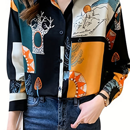 Color Block Button Front Shirt, Elegant Turn Down Collar Long Sleeve Shirt, Women's Clothing