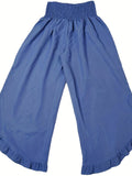 vlovelaw  Shirred Waist Ruffle Trim Pants, Casual Solid Pockets Comfy Pants For Spring & Fall, Women's Clothing
