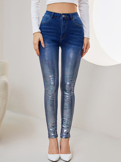 vlovelaw  Ombre Metallic Skinny Jeans, Fashion High Stretch Casual Denim Pants With Slant Pocket, Women's Denim Jeans & Clothing
