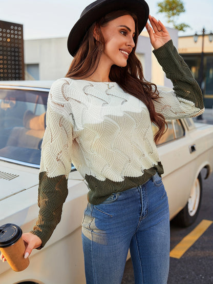 vlovelaw Cutout Colorblock Knit Sweater, Casual Crew Neck Long Sleeve Sweater, Women's Clothing