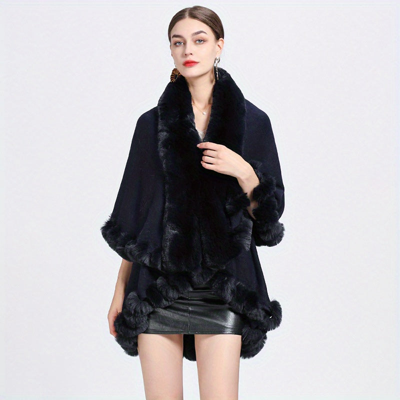 Mature Faux Fur Collar Shawl Solid Color Thickened Imitation Fox Fur Warm Large Cape Cardigan Women's Autumn Winter Outside Warm Coat Shawl