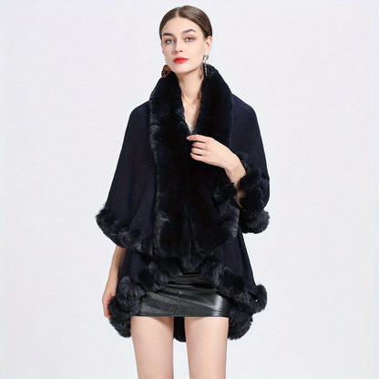 Mature Faux Fur Collar Shawl Solid Color Thickened Imitation Fox Fur Warm Large Cape Cardigan Women's Autumn Winter Outside Warm Coat Shawl