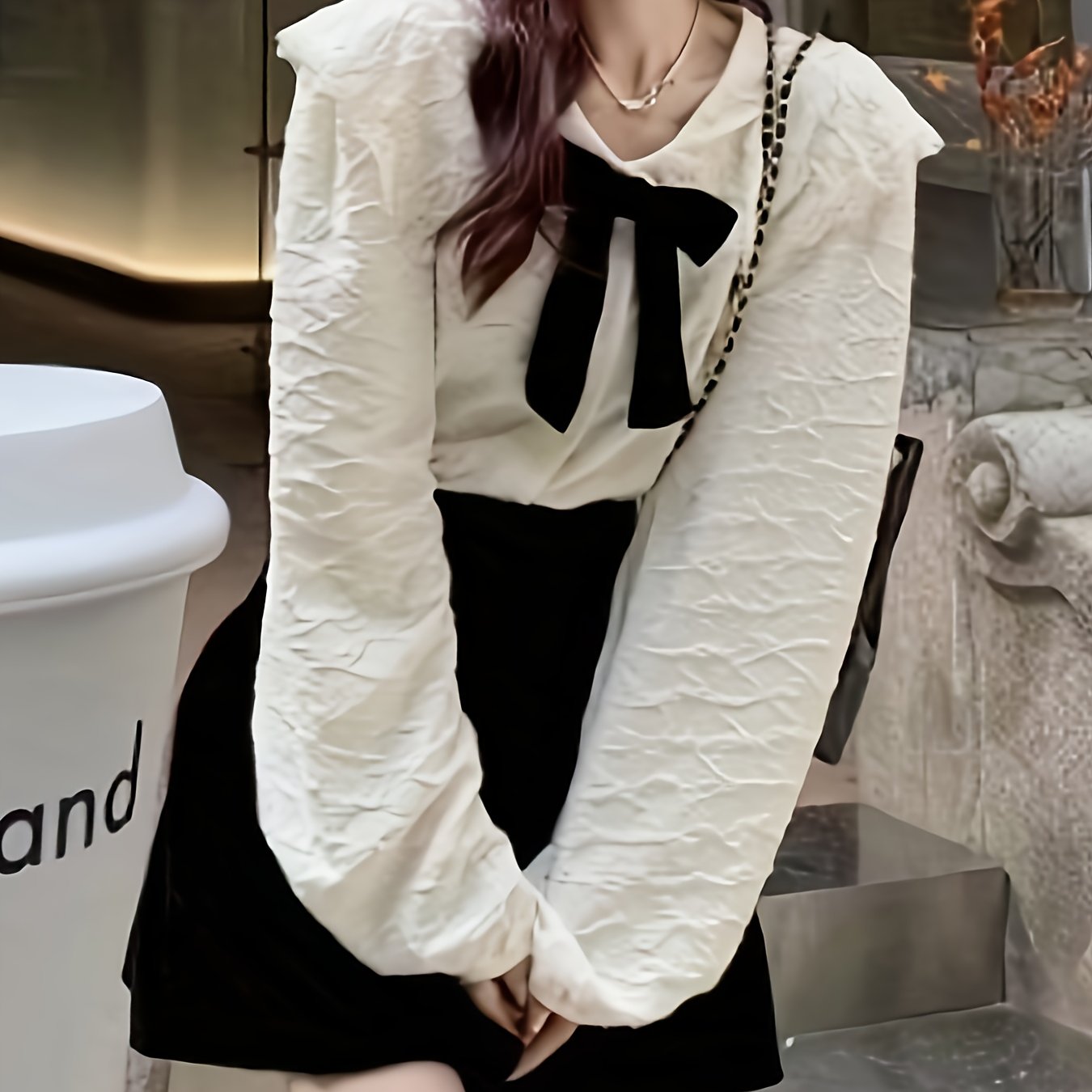 vlovelaw Bow Decor Sailor Collar Blouse, Sweet Long Sleeve Blouse For Spring & Fall, Women's Clothing