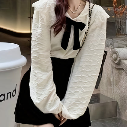 vlovelaw Bow Decor Sailor Collar Blouse, Sweet Long Sleeve Blouse For Spring & Fall, Women's Clothing