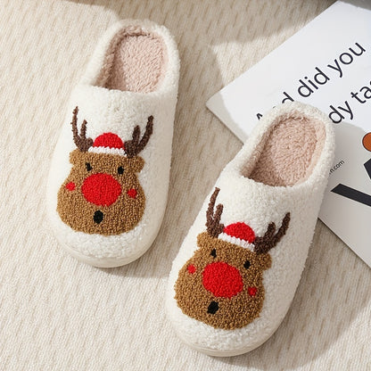 [Customer Favorite] Cozy Christmas Reindeer Plush Slippers for Couples - Warm, Soft Indoor Shoes with Non-Slip TPR Sole, Perfect for Winter