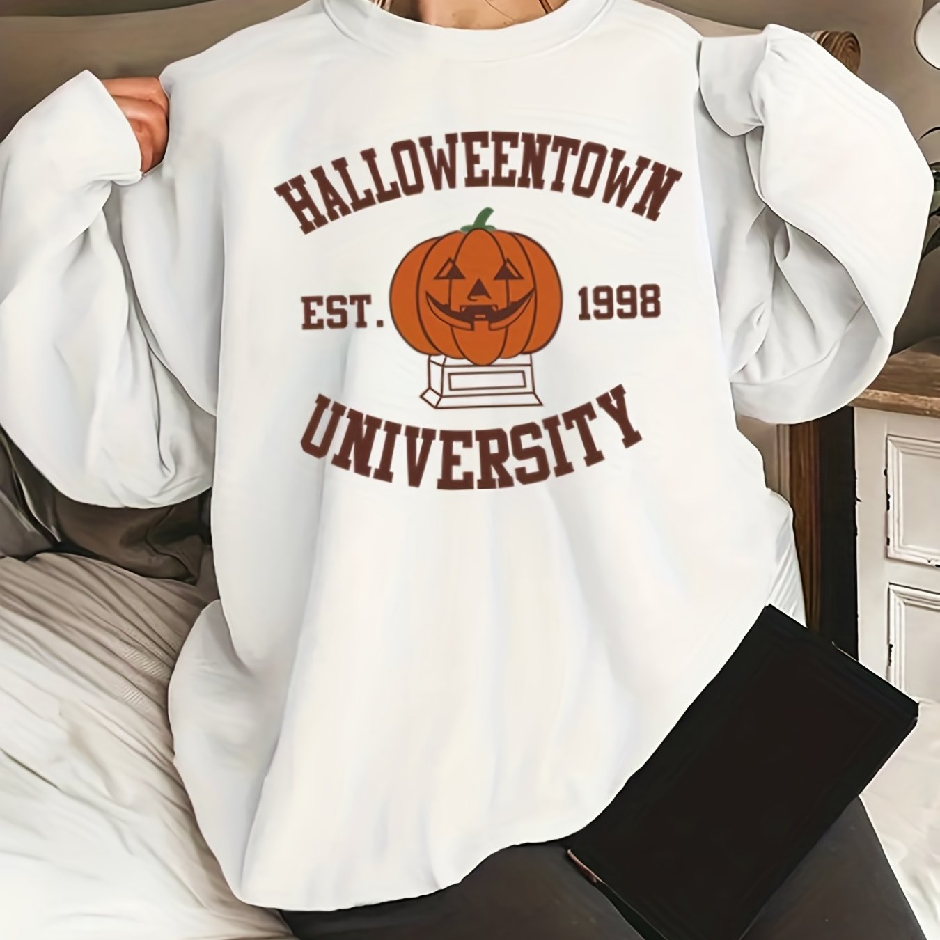 vlovelaw  Plus Size Halloween Sweatshirt, Women's Plus Cartoon Pumpkin & Letter Print Long Sleeve Round Neck Slight Stretch Sweatshirt