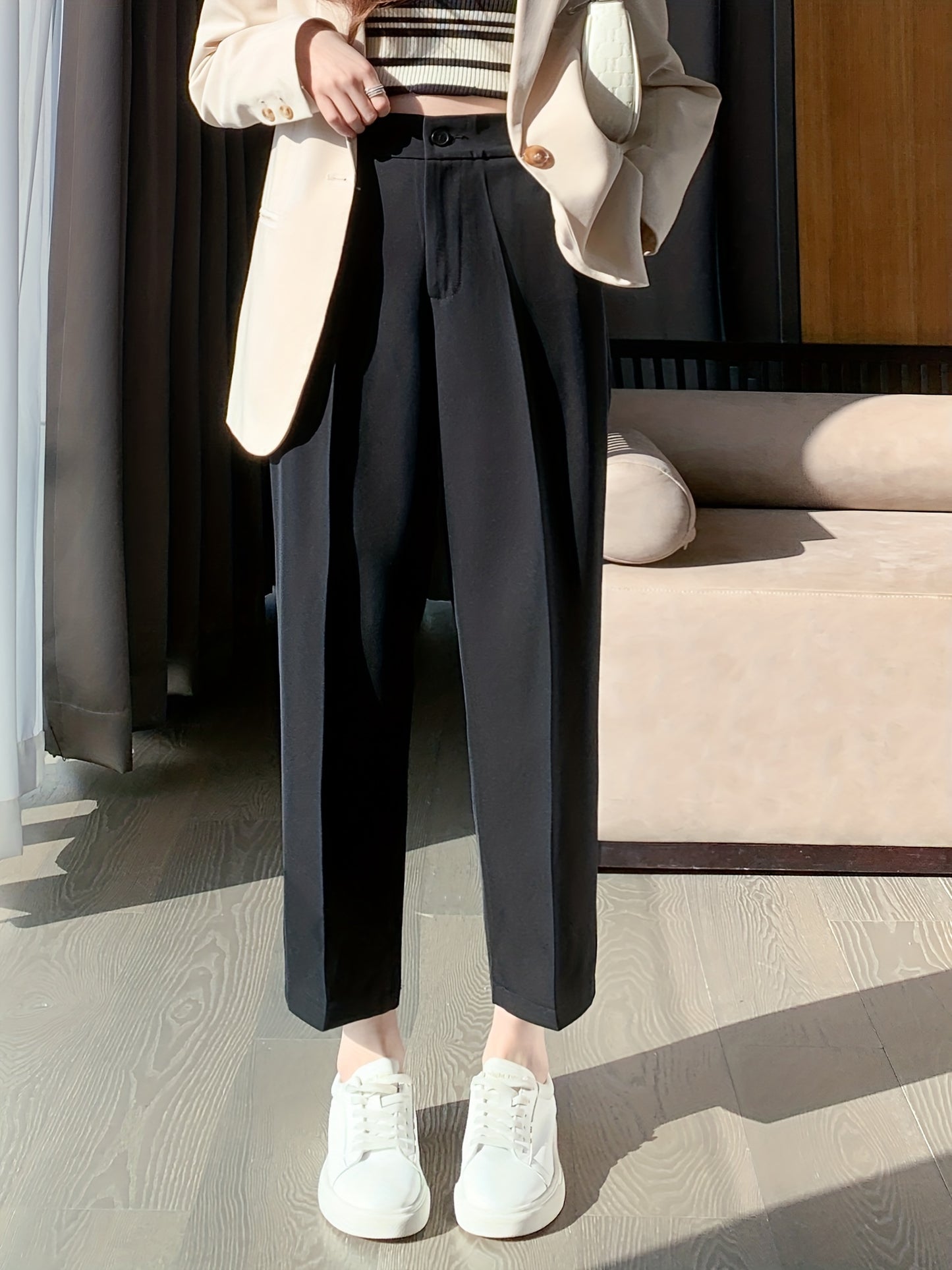 vlovelaw  Solid Cropped Tailored Pants, Casual Back Elastic Waist Pants, Women's Clothing