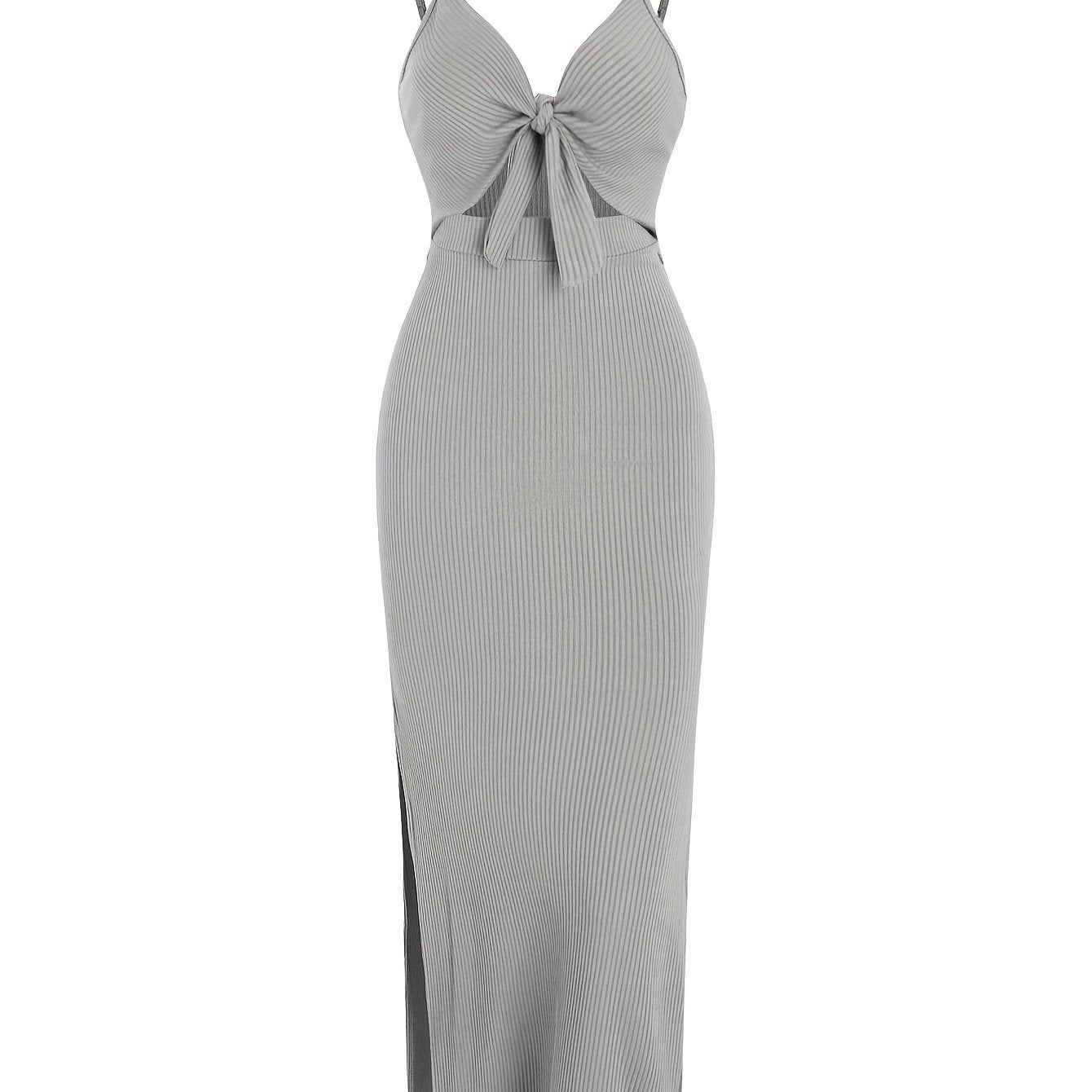 vlovelaw Sexy Spaghetti Strap Ribbed Knot Cutout Side Split Maxi Dress, Solid Body-Con Dress For Spring & Fall, Women's Clothing
